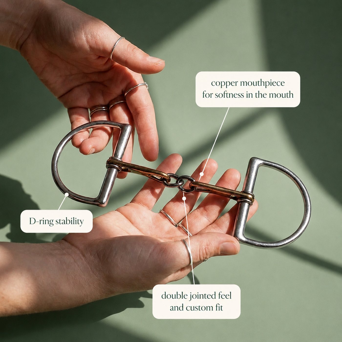 The Peter Pletcher Bit — copper mouthpiece, D-ring stability and double-jointed custom fit